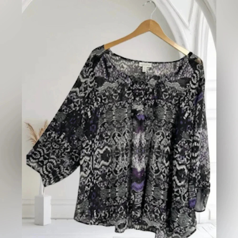 Women’s 3X SHEER Blouse Gray Purple‎ Pleat Ruffle Long Sleeve Whimsigoth